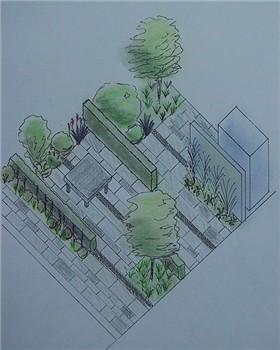 Isometric view  of a contemporary garden