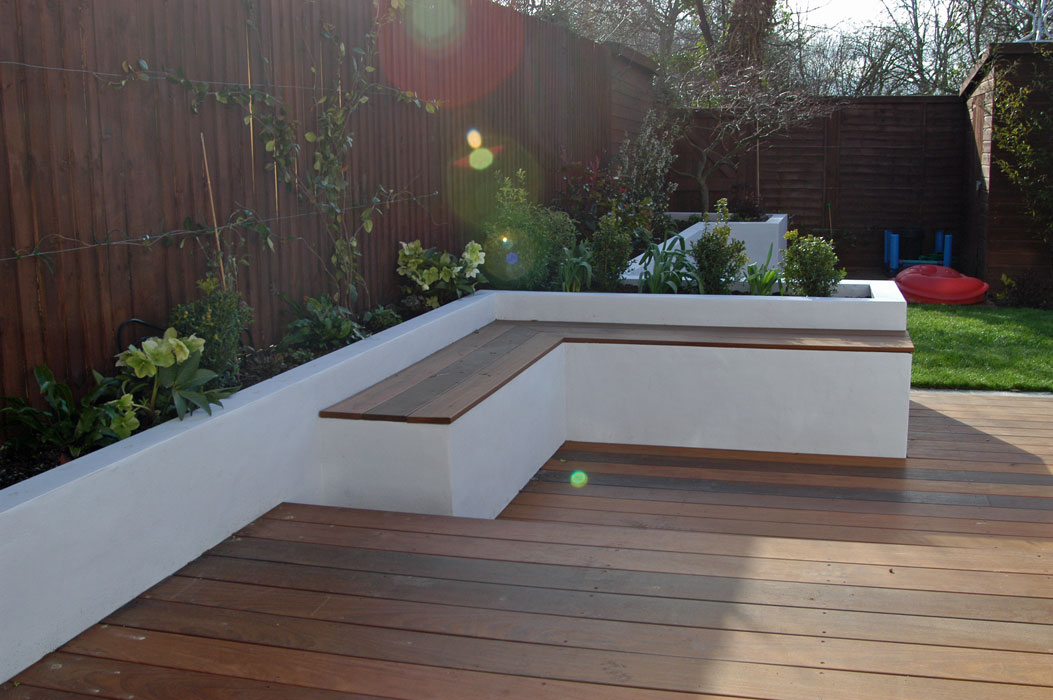 Raised beds along the left side of the garden