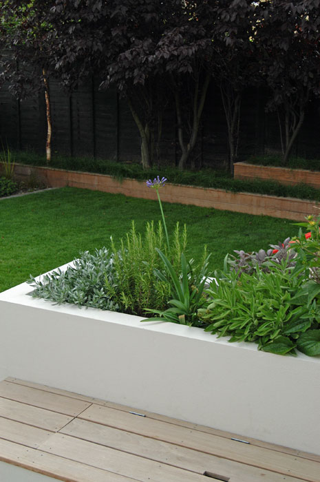 Looking across the lawn to grass terraces